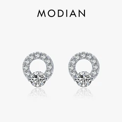 Modian Fashion 925 Sterling Silver Simple Circle Stud Earrings for Women Clear CZ Hypoallergenic Ear Stud Fine Wedding Jewelry