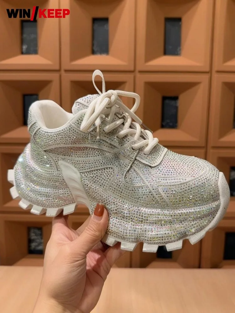 New Women Diamond Platform Sneakers Lace Up Breathable High Heel Jogging Shoes Round Toe Female Height Increasing Sports Shoes