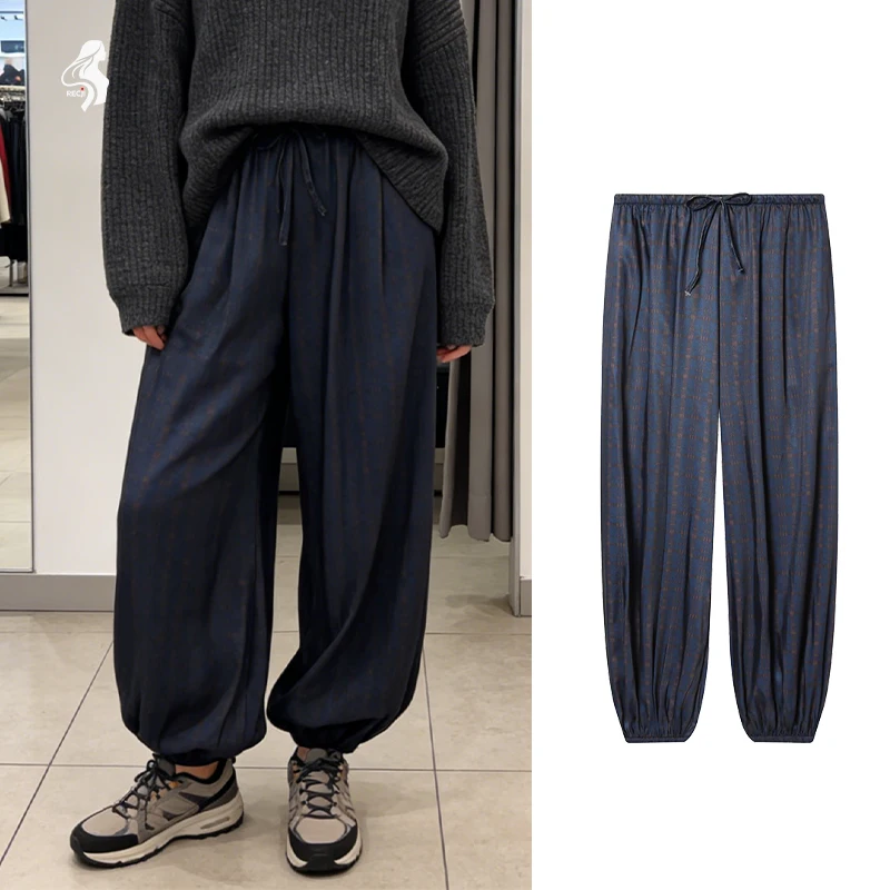 سروال نسائي فانوس ساتان بنمط داكن مع خصر مرن وأصفاد برباط ملابس نسائية مريحة غير رسمية