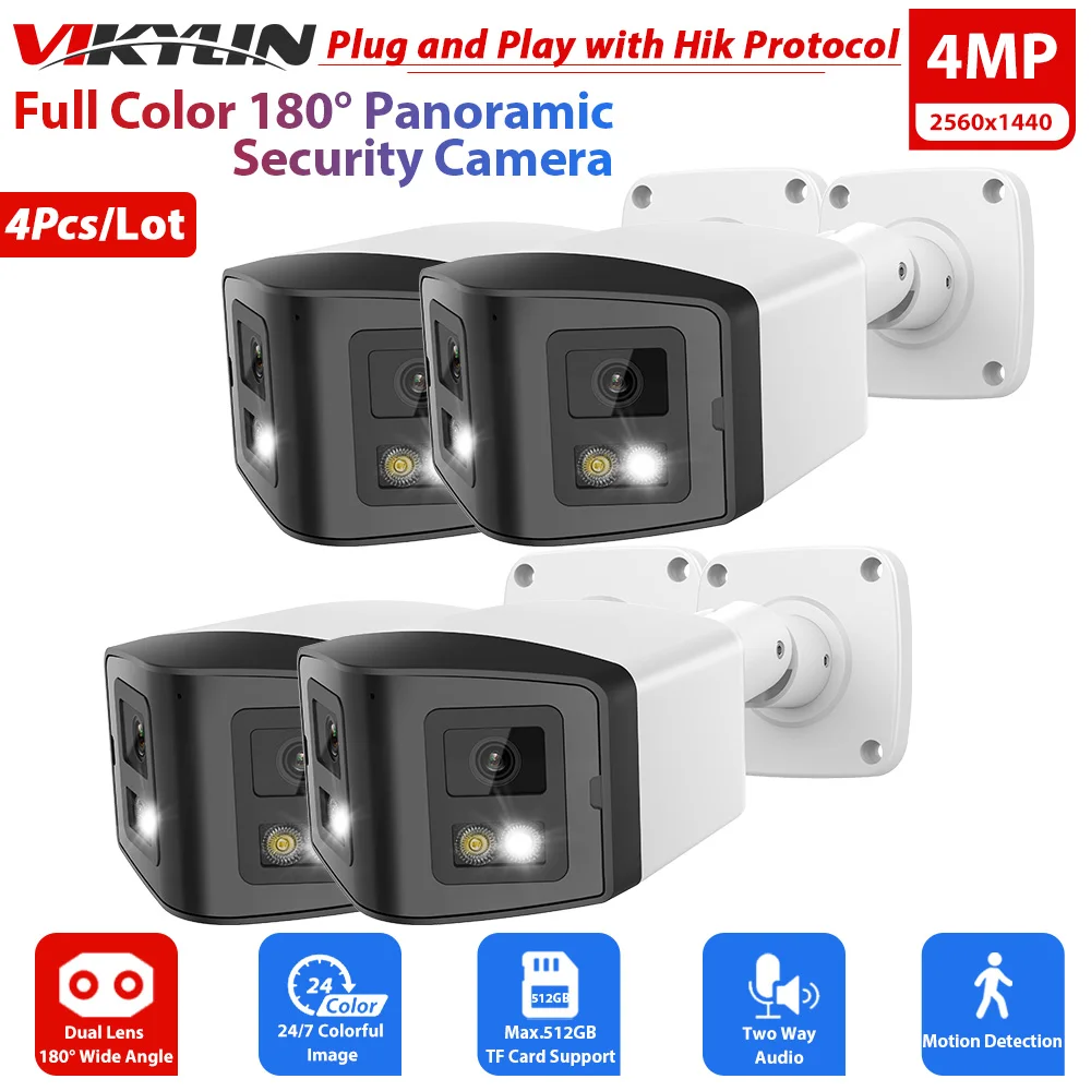 Vikylin 4pcs Full Color Panoramic Security Camera 4MP Dual Lens Bullet Camera Hik Compatible POE CCTV Surveillance Outdoor