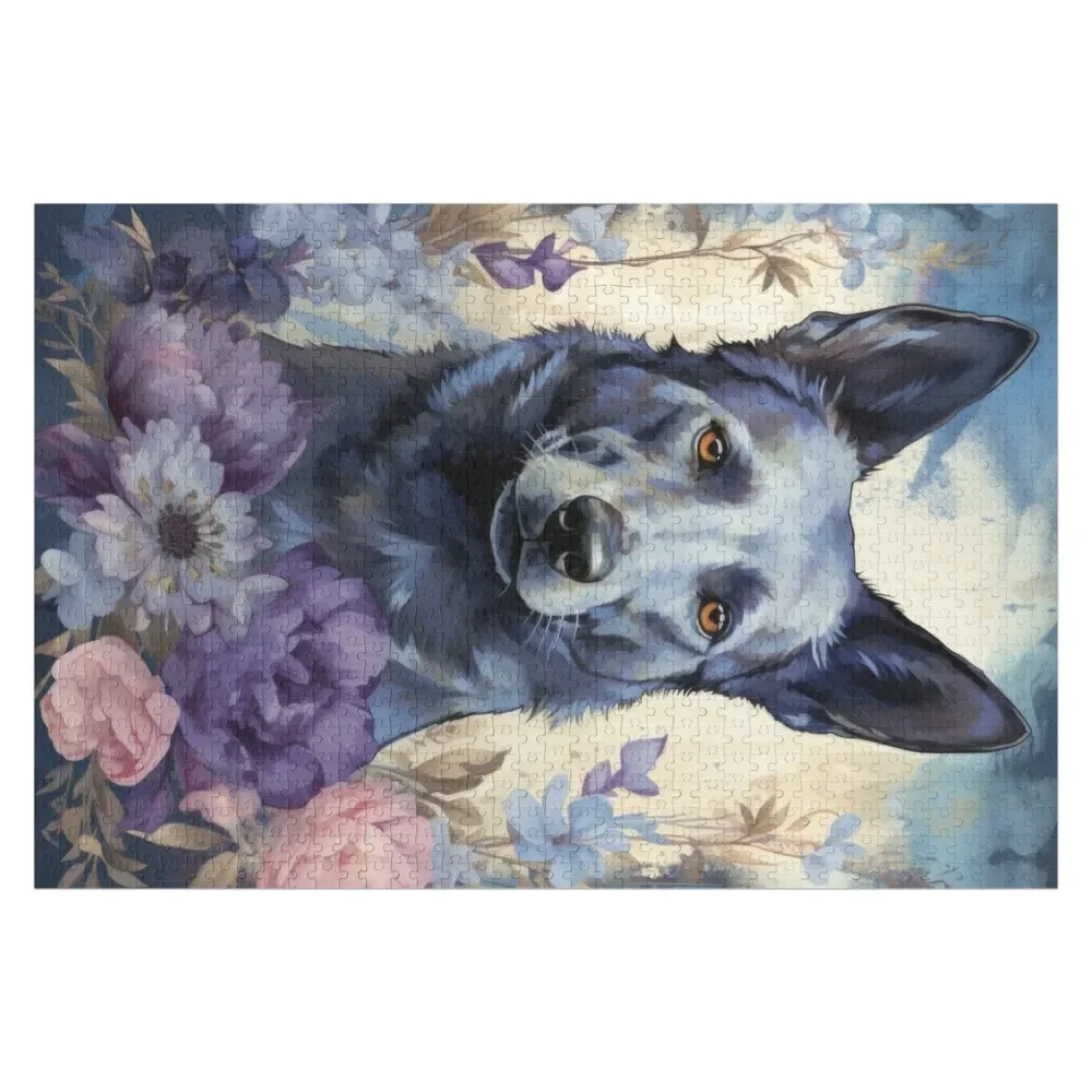 

Australian Kelpie dog art in blue flowers Jigsaw Puzzle Wooden Animal Personalized Gift Photo Custom Custom Name Wood Puzzle