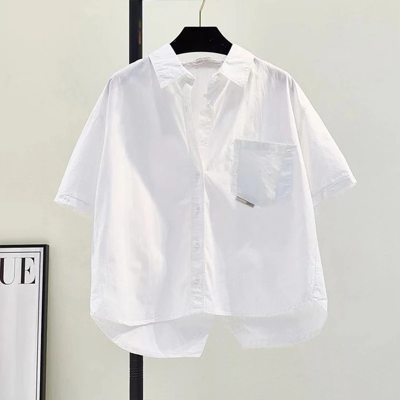 Pure Cotton Thin Short Sleeved Shirt for Women\'s Split Back Summer New Fashion Loose Casual Simple Commuting Korean Version Top