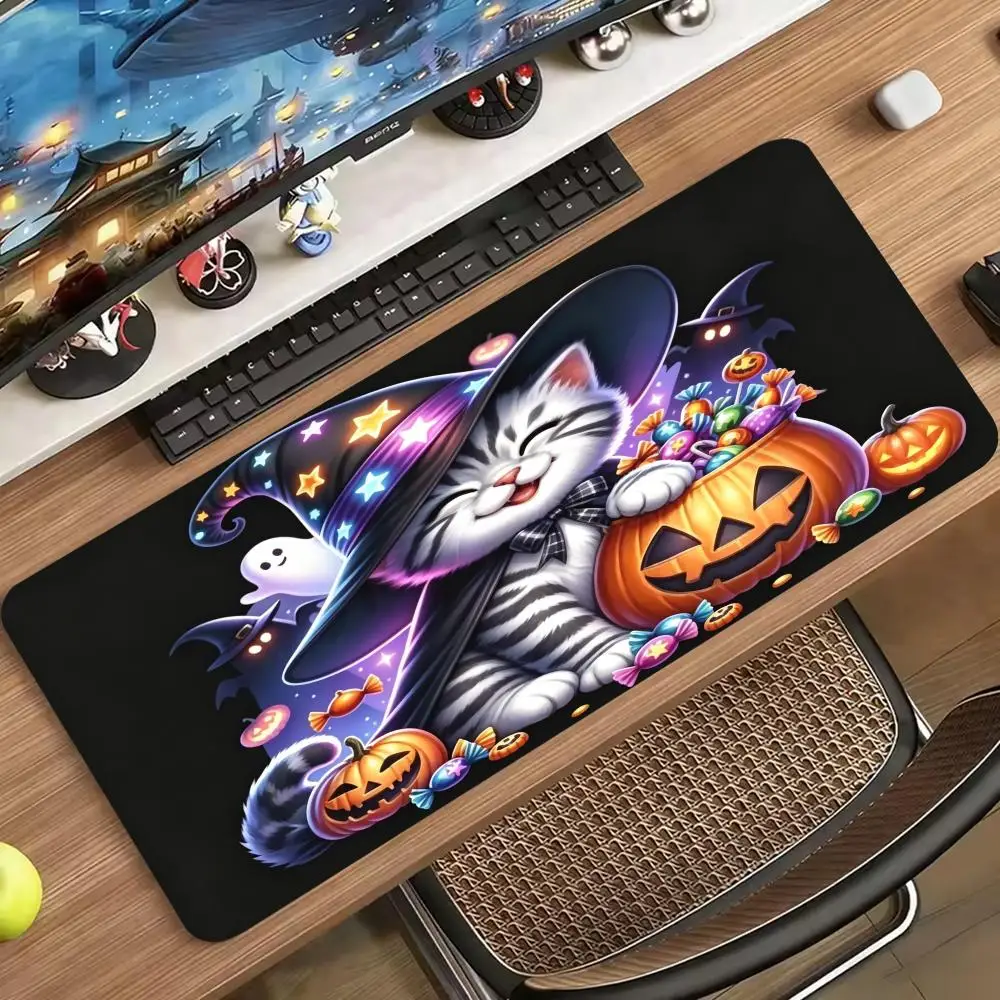 Tabby Cat Witch Hat Pumpkin Bucket Halloween Extended Gaming Pad Non Slip Rubber Base Keyboard Mat Desk Pad for Computer gamer