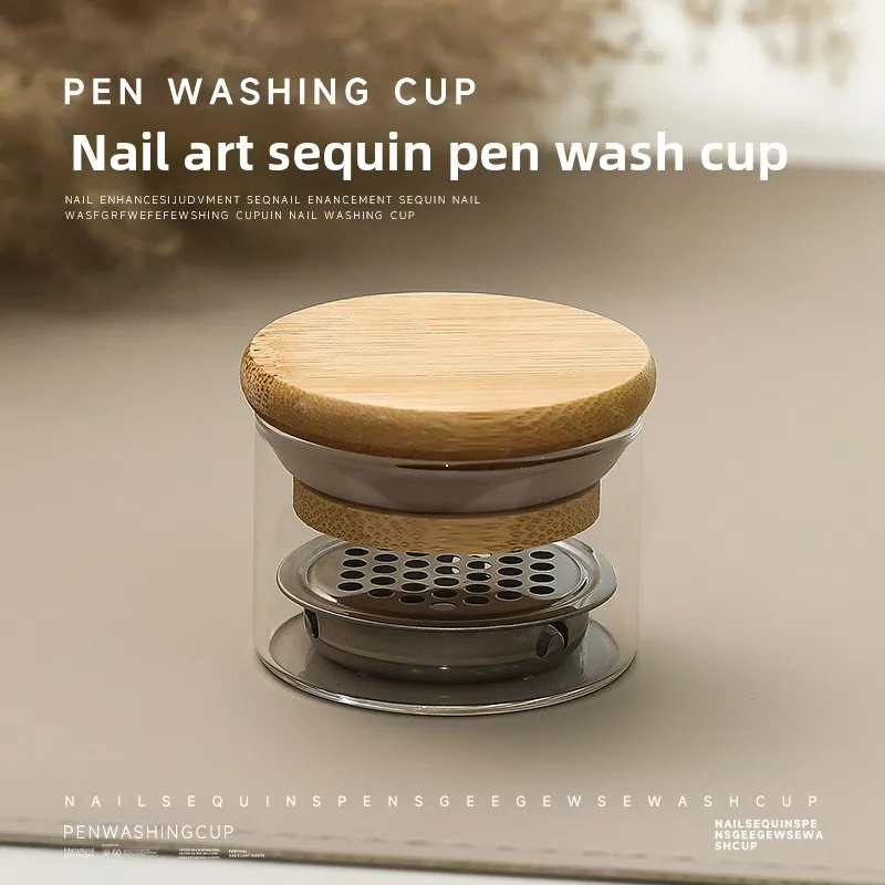 Crystal Nail Brush Cleaning Glass Cup With Lid Stainless Steel Filter Glitter Nail Art Washing Tools Wholesale Manicure