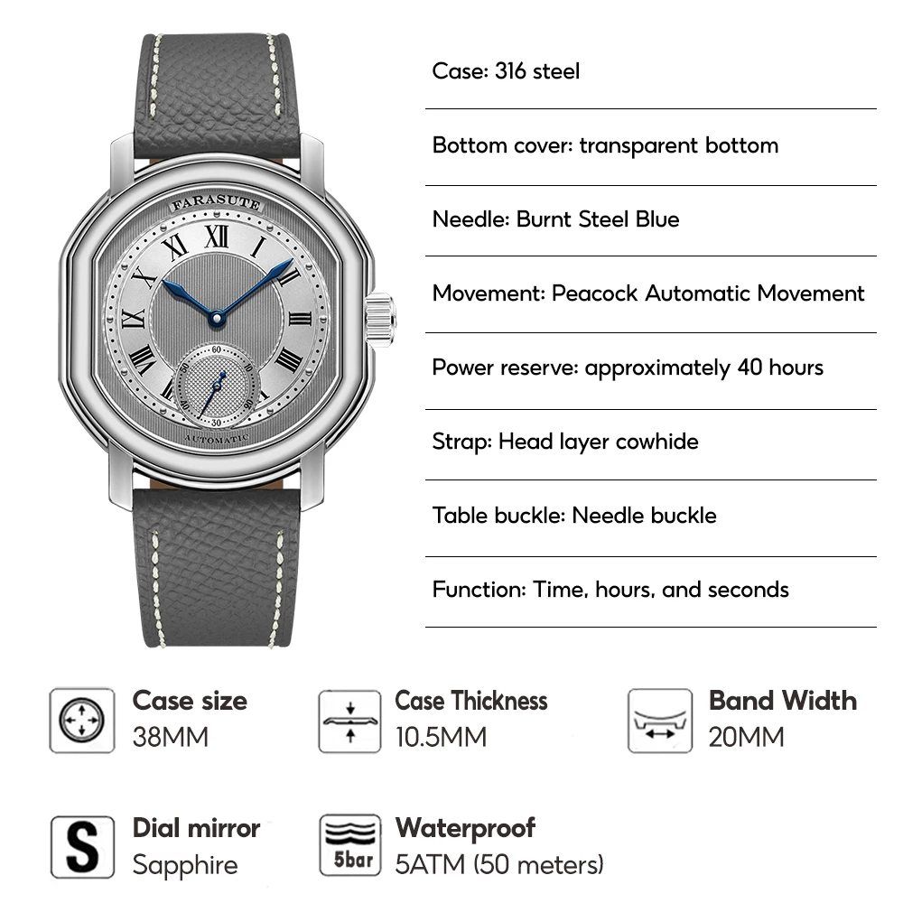 FARASUTE 38mm Retro Men's Watch Peacock Custom Automatic Mechanical Movement 5ATM Waterproof Sapphire Wristwatch Reloj Hombre - Image 6