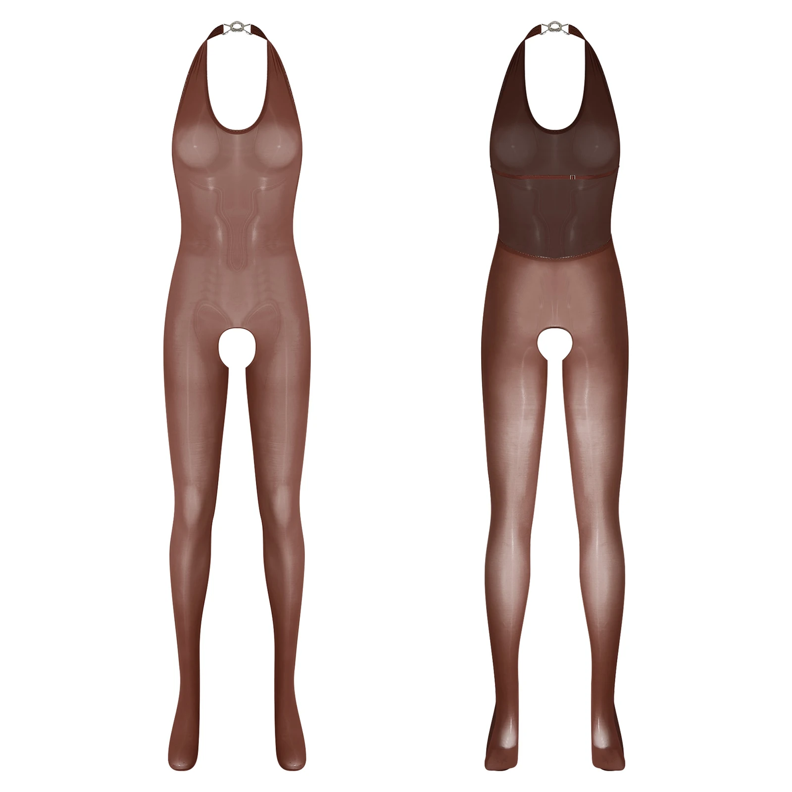 

Women Ultra Thin Halter Body-stockings Lingerie See Through Sleeveless Open Butt Footed Stockings Jumpsuit Tempting Nightwear