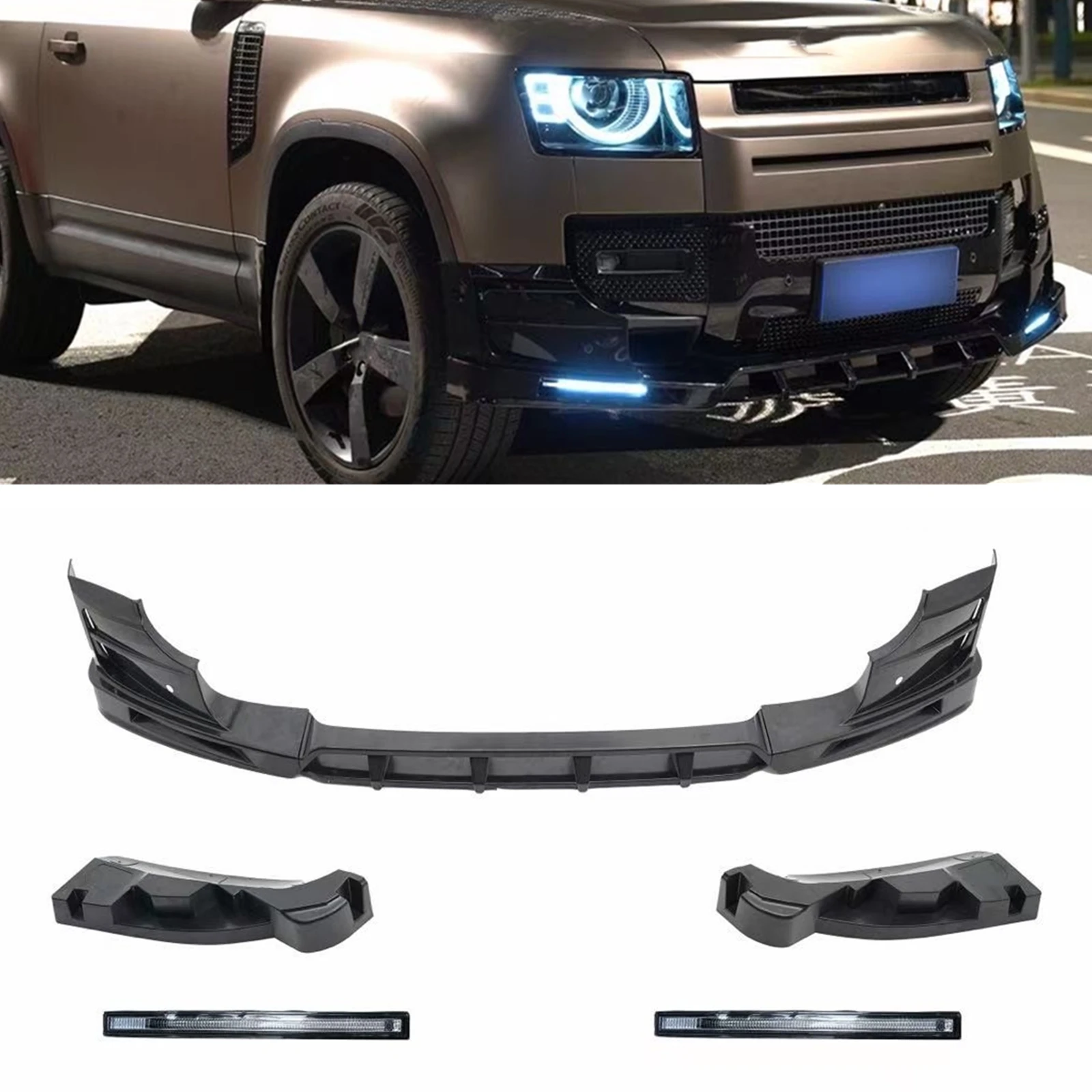 

For Land Rover Defender 2020 2021 2022 2023 2024 Gloss Black Front Bumper Spoiler Lip Lower Splitter Blade Kit+Fog Light Lamp