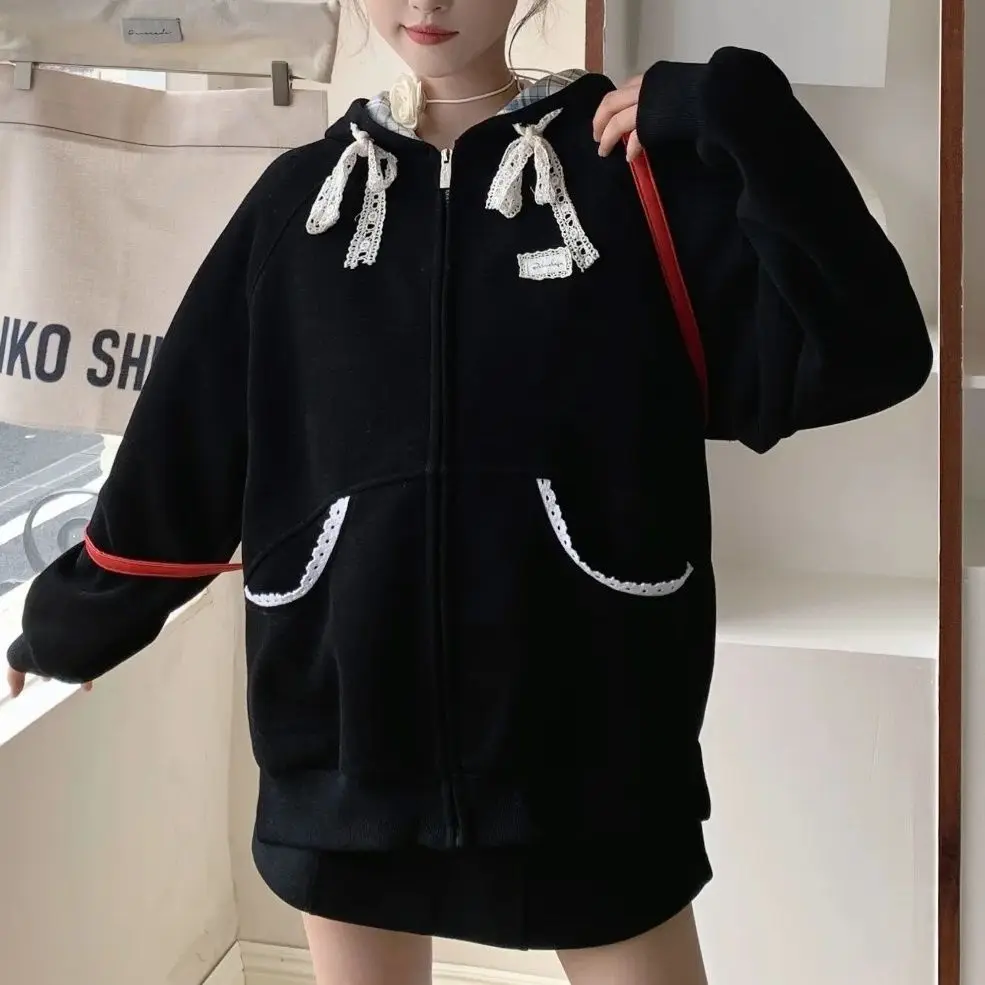 Harajuku Sweatshirts Woman Lace Bow Unique Zipper Hoodies Y2k Streetwear 90s Goth Hooded Grunge Girl Kpop Top Hip hop Hoody Y2K