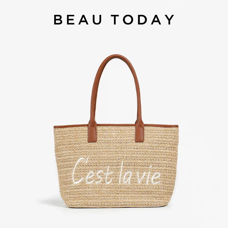 BEAUTODAY Large Handbag Women Straw Bags Solid Color Letter Decoration Outdoor Vacation Beach Bucket Bag 2023 Casual Tote  62062