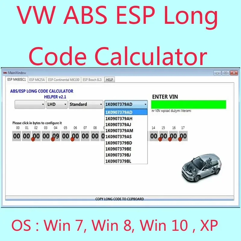 

Newest for VW ABS ESP Long Code Calculator Helper MK60EC1 ABS ESP Long Code Calculator software+ unlimited install+ install vide