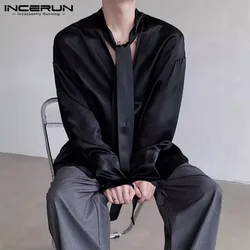 Incerun-メンズ単色サテンVネックシャツ、長袖、ネクタイ付きルーズ、メンズ服、ストリートウェアファッション、カジュアルシャツ、S-5XL、2024