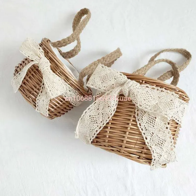 Mini Handmade Rattan Bucket Bag para Meninas, Tote de Cesta de Palha, Lace Bowknot Hand Bags, Cute Kids Mini Handbag, Baby Beach Bag