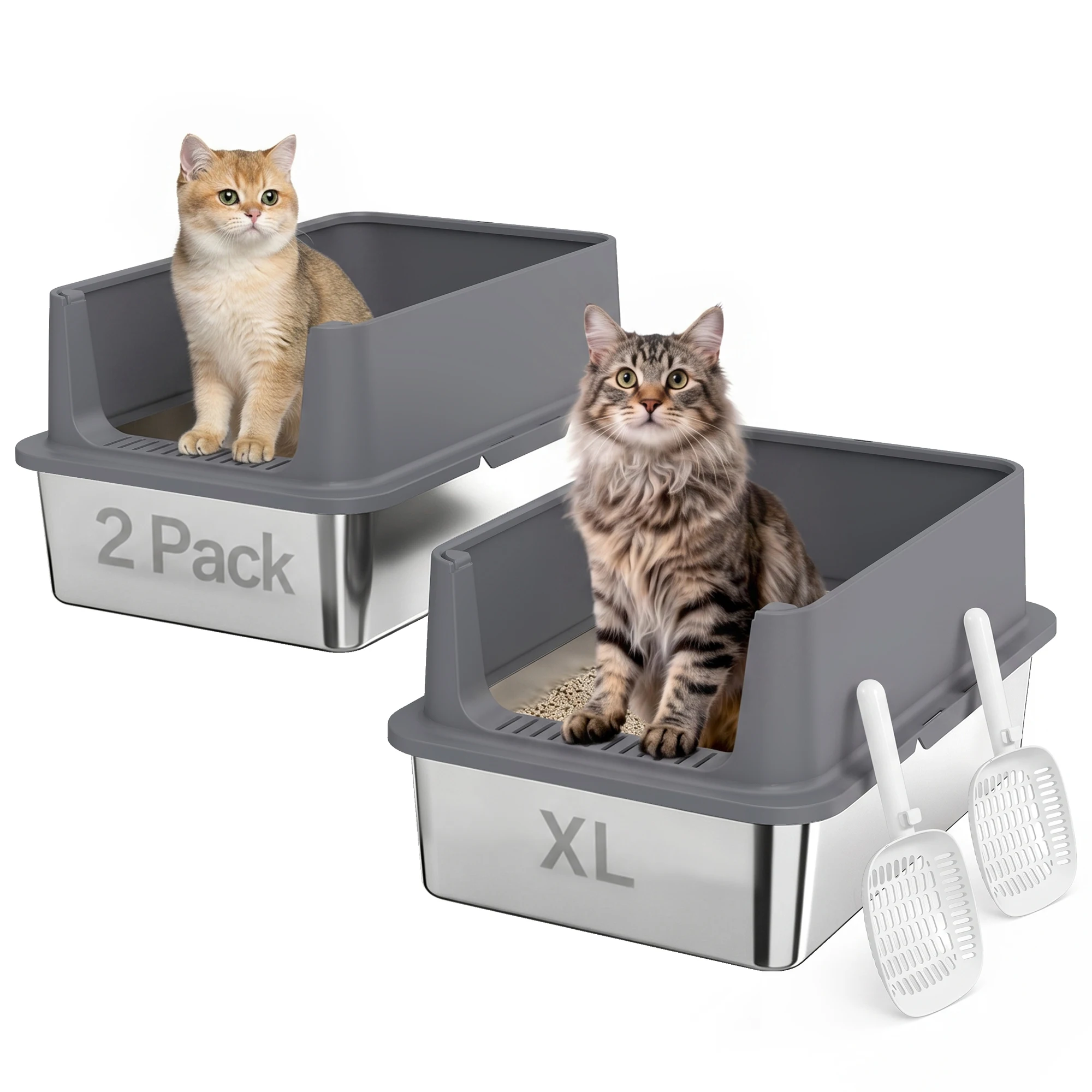 Pawhut set van 2 XL kattenbakken van roestvrij staal, grote kattenbak met hoge rand, 2 schepjes, voor grote katten en meerdere kittens, gemakkelijk schoon te maken, lekvrij, anti-aanbaklaag,