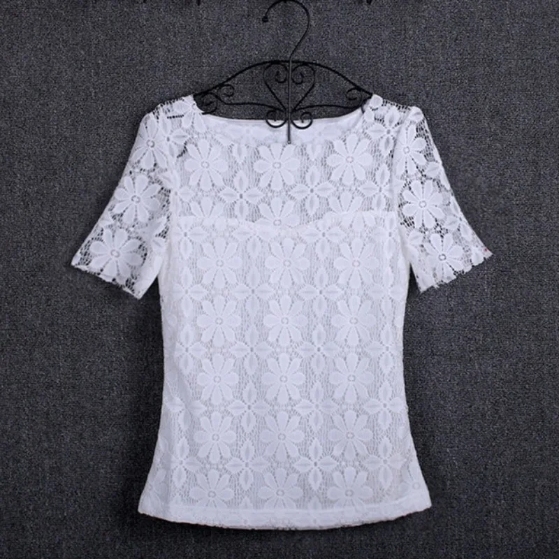 Summer women\'s sexy floral lace slim-fit shirt shirt ladies elegant casual short-sleeved T-shirt top