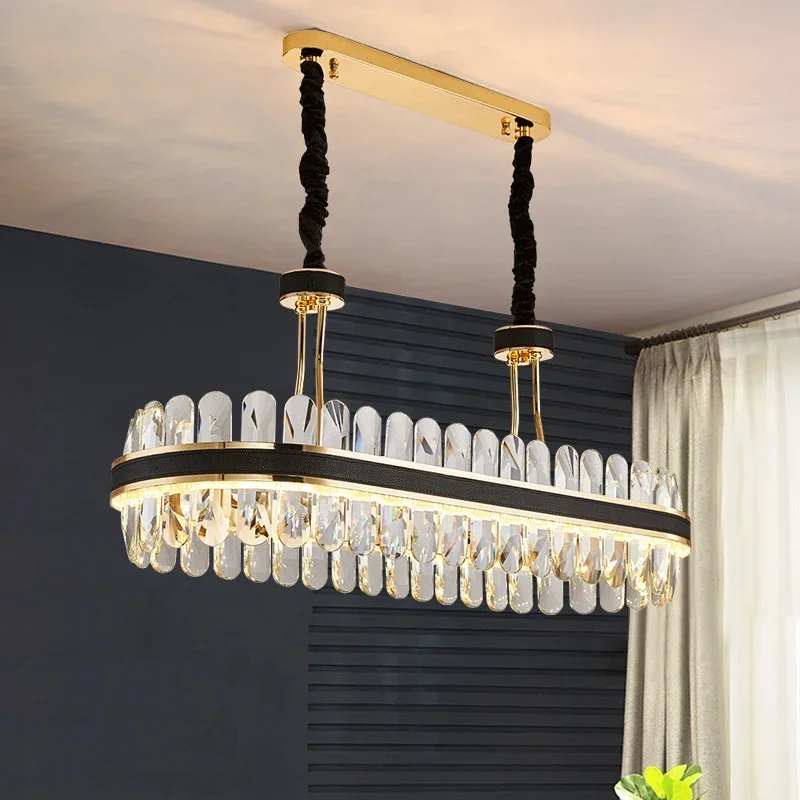 Modern LED Kitchen Chandelier Rectangular Crystal Chandelier Modern Designer Creative Leather Dining Room Lamp