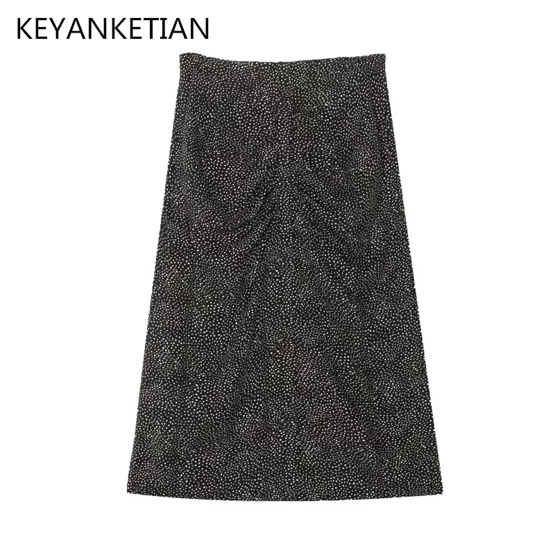 

KEYANKETIAN Women's Retro Storm Dot Skirt Summer New Zipper High Waist Pleated Fashion Knee-Length Midi Skirt Straight Skirt