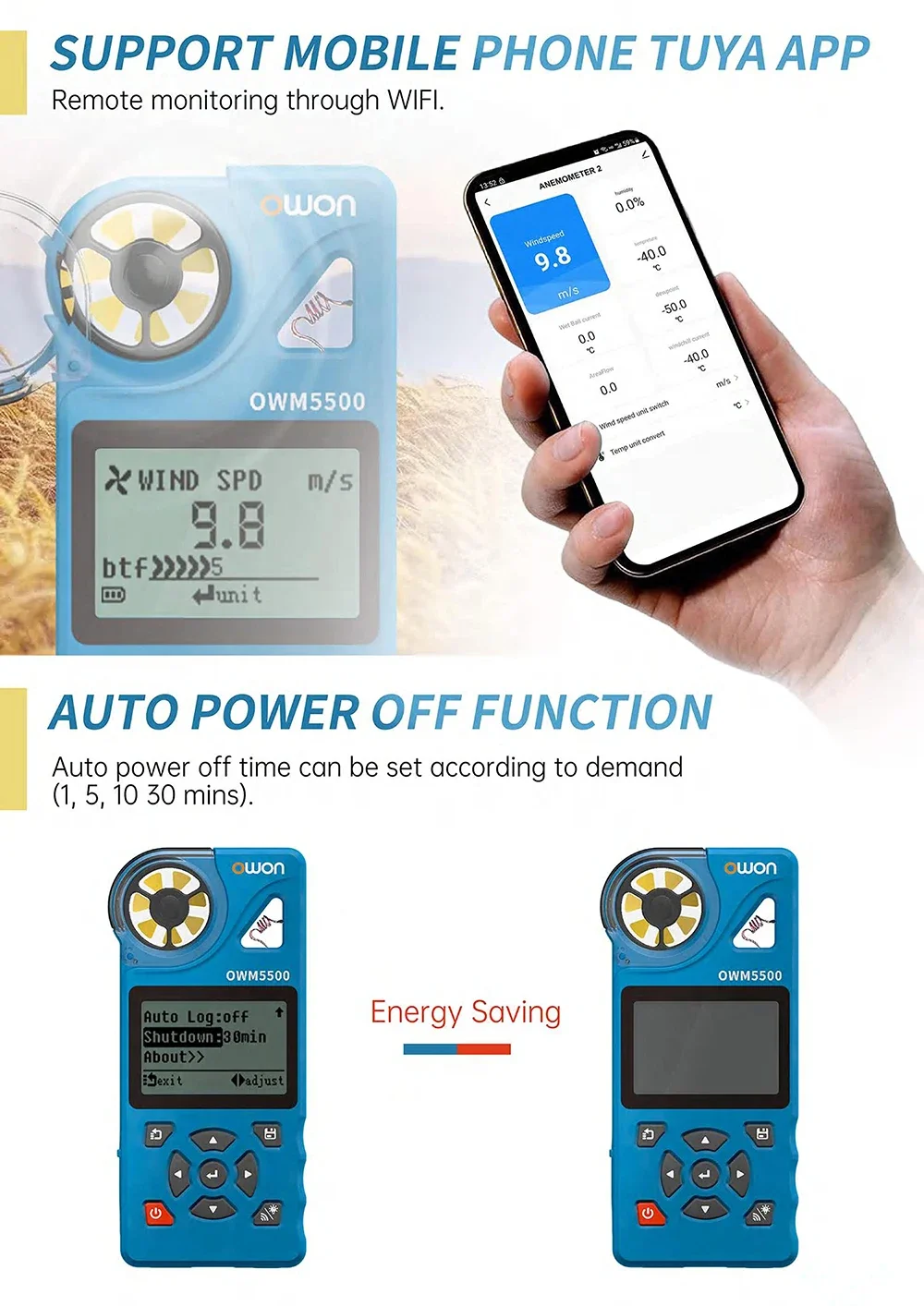 OWON OWM5500 digitale anemometer, 7-in-1 met 8000 Aata-geheugen, 7 meetmodi, temperatuur- en vochtigheids-APP-afstandsbediening