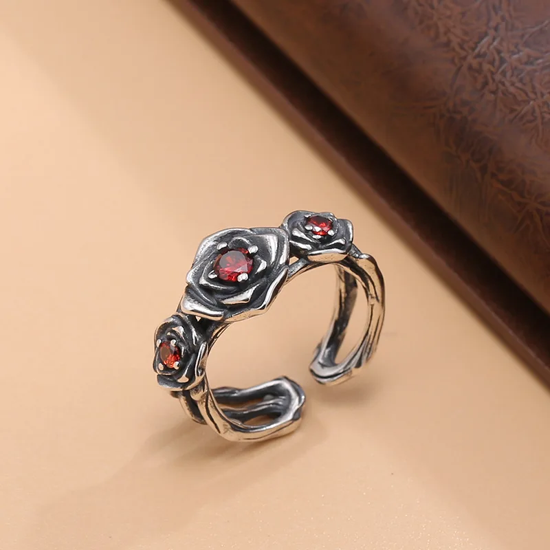 

S925 sterling silver rose ring female distressed retro French design index finger ring personality design female silver ring