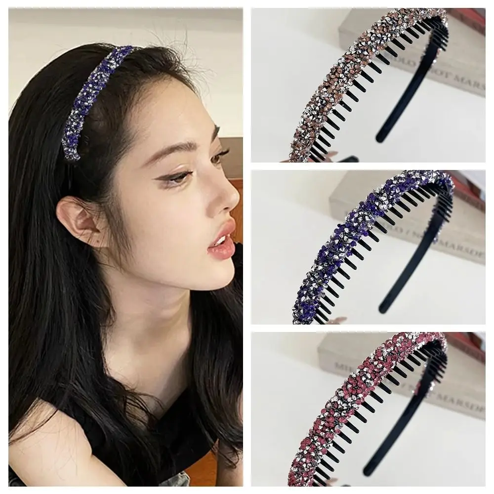 

Sweet Plastic Rhinestone Headband with Toothed Non-slip Thin Hairband Shiny Korean Style Hair Hoop Face Wash