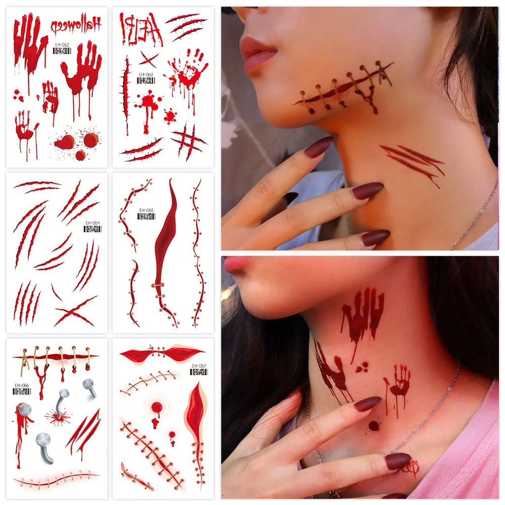 6pcs/set Temporary Tattoo Stickers for Hand Face Bleeding Wound Scar Fake Tattoo For Men Women Halloween Party Body Decor