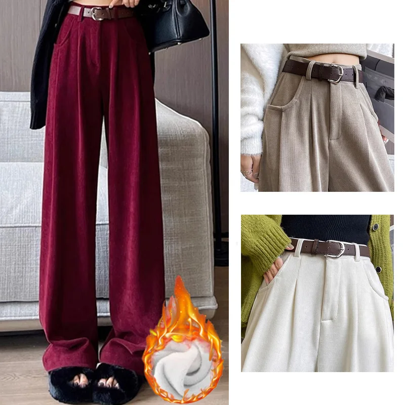 

New Winter Women Chic Snow Warm Button Long Pants Lady Concise Wine Red Beige Brown Straight Leg Wide Leg Plush Thermal Trousers