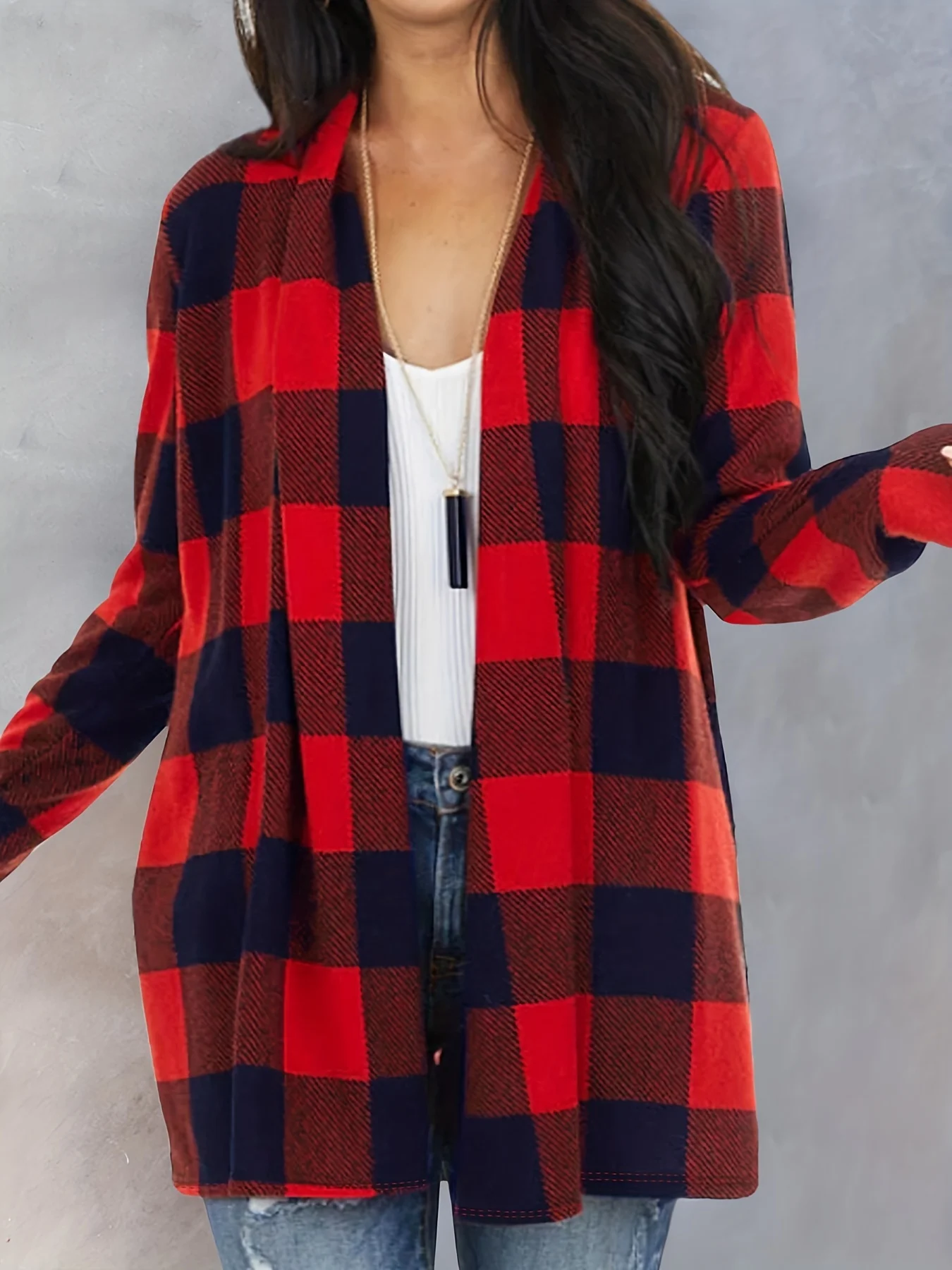 Women Fashion Plaid Printed Long Coats Casual Full Long Sleeve Outerwear Ladies Basic Autumn Winter Coat