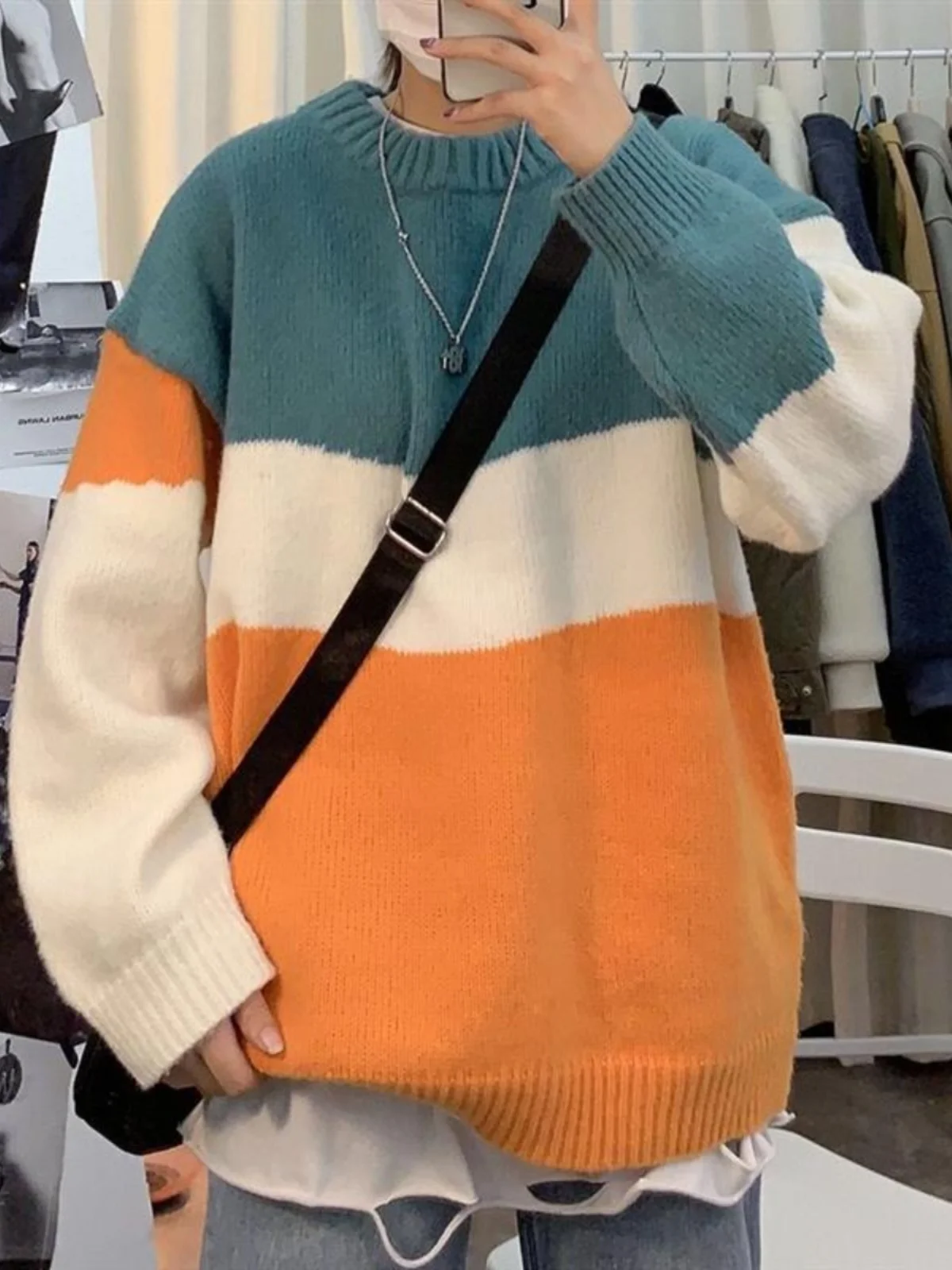 

Loose Men's Knitted Sweater Faionable Color Blo Autumn Winter Retro Sle Long Sve round Ne Pullover Youth Casual Wear