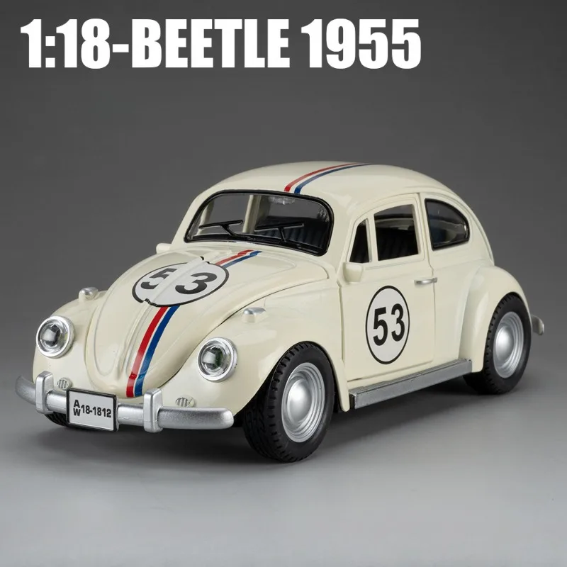 Symulacja 1/18 skala Beetle 1955 Vintage aluminiowy Model samochodu z dźwiękiem i światłem odlewana zabawka kolekcja pojazdów miniaturowy Voiture