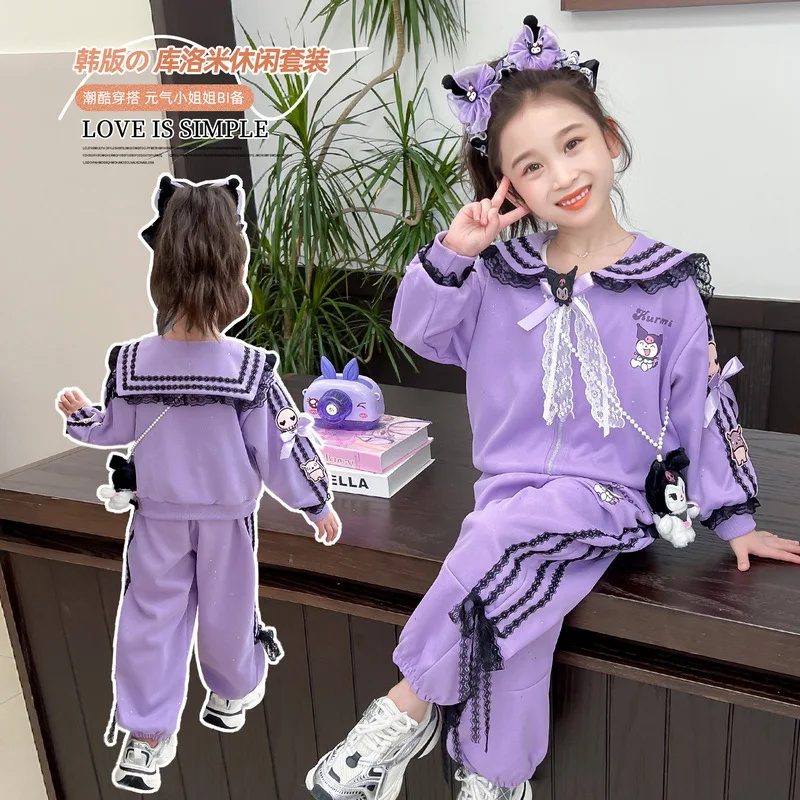 Sanrio Kuromi Cartoon Children Two-piece Set Spring Autumn Navy Collar zipper jacket Pants soft loose casual sportswear Trousers