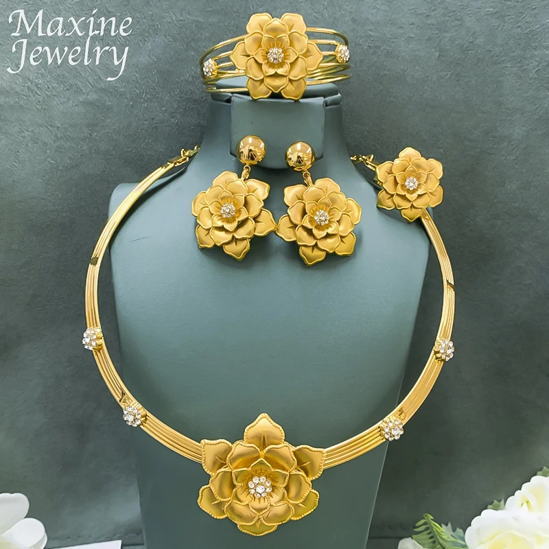 

Luxury Flower Design Choker 18K Gold Plated Jewelry Set for Women Necklace Earrings Bracelet Ring Party Dubai Wedding Best Gifts