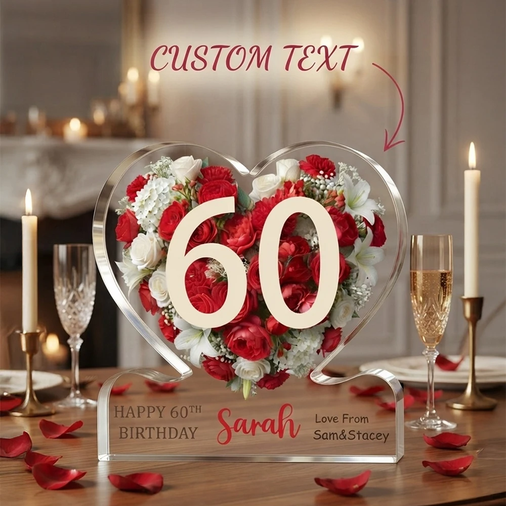 Custom Text Heart‑Shaped Acrylic Plaque, Preserved Dried Flower Desktop Ornament, Birthday Anniversary Home Decor Gift