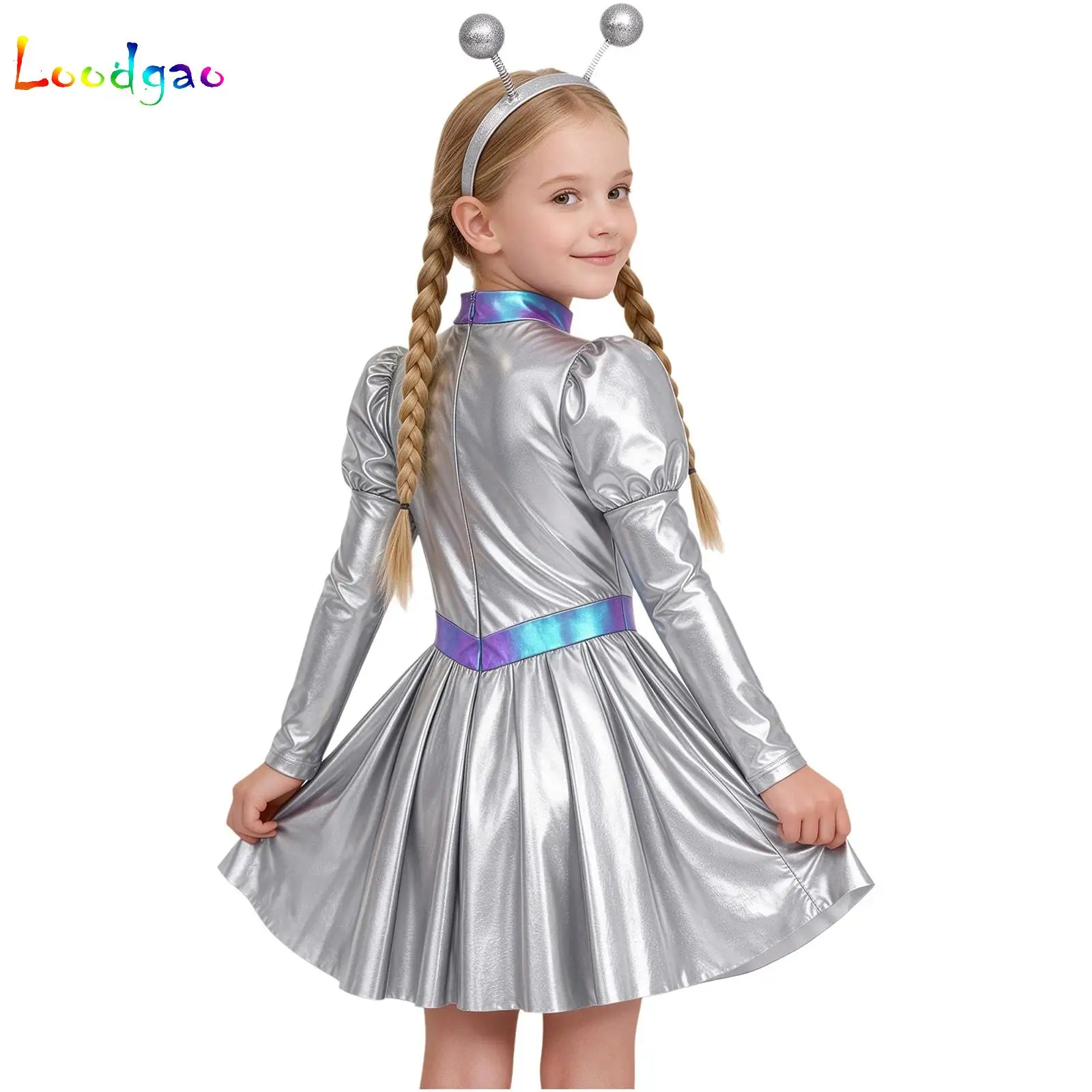 Girls Halloween Theme Party Alien Robot Astronaut Galaxy Warrior Dress Up Costume Metallic Shiny Zipper Outer Space Ruffle Dress