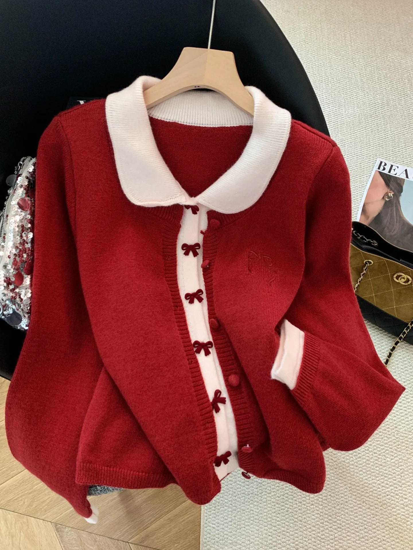 

Красный вязаный кардиган-пальто женский осенне-зимний с эффектом двухслойности, мягкий, повседневный, с длинными рукавами, теплый