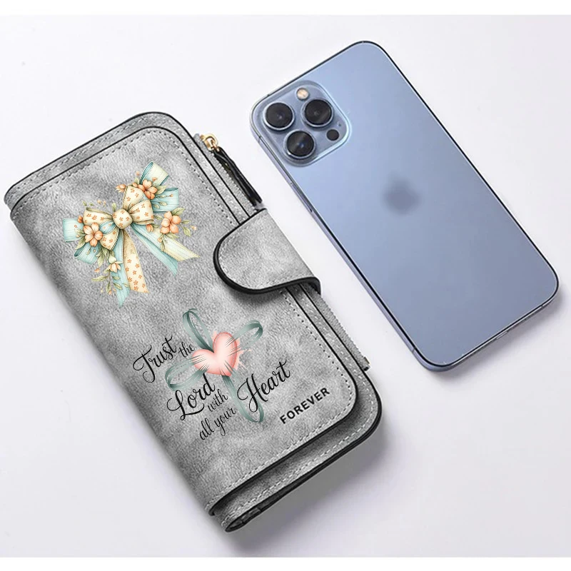 Cross Heart Faith Quote Floral Bow Lange Geldbörse mit Reißverschluss und Schnalle, Handtaschen, Münzgeldbörse, weiches PU, Multi-Kartenhalter, Tasche mit großem Fassungsvermögen – Detail 2