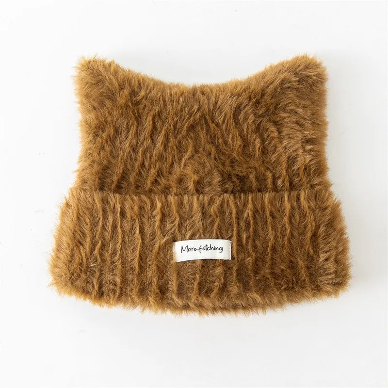Women's Korean Style Ear Plush Knit Beanie Hat Thick Warm Autumn Winter Pull on Face Slimming Headwear Cute Design