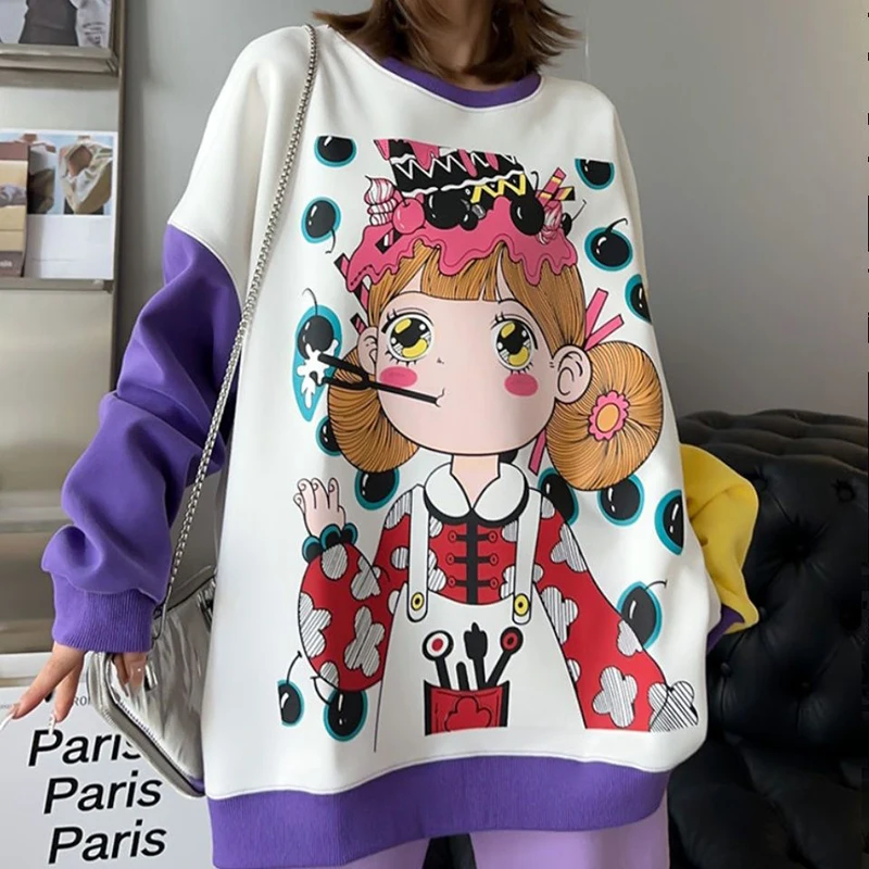 Plus size casual loose graffiti cartoon printed sweater women's autumn and winter new long loose round neck high-grade top