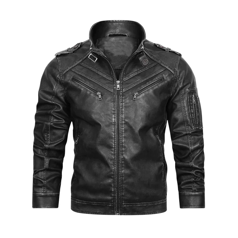 

Men's Vintage Leather Biker Jacket Fashion Retro Motorcycle Rider Coat Windproof Moto Outerwear For Male Stand Collar
