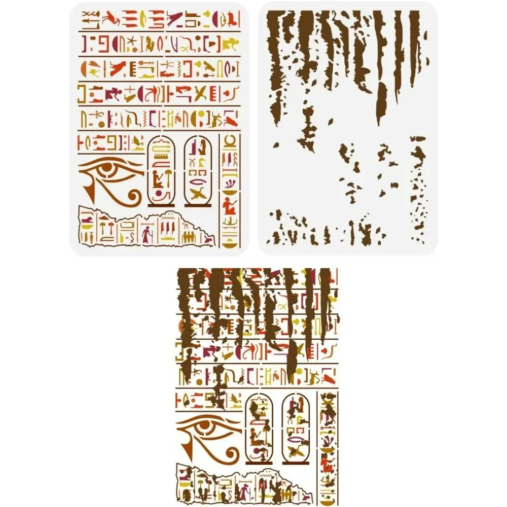 2 Pcs Egyptian Hieroglyphs Painting Stencil 8.3x11.7 inch Reusable Eye of Horus Pattern Drawing Template Ink Texture Decor