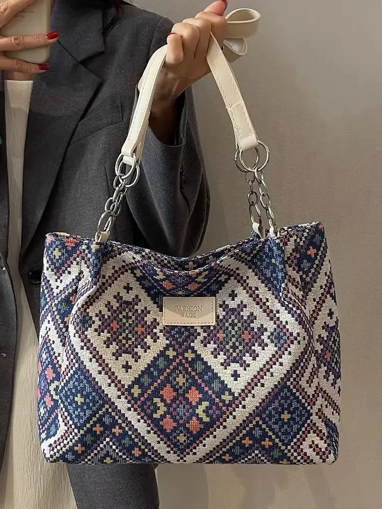 

Large Capacity Ethnic Style Canvas Bag Popular on The Internet in 2024 One Shoulder Large Bag Women's Ins Commuting Tote Bag