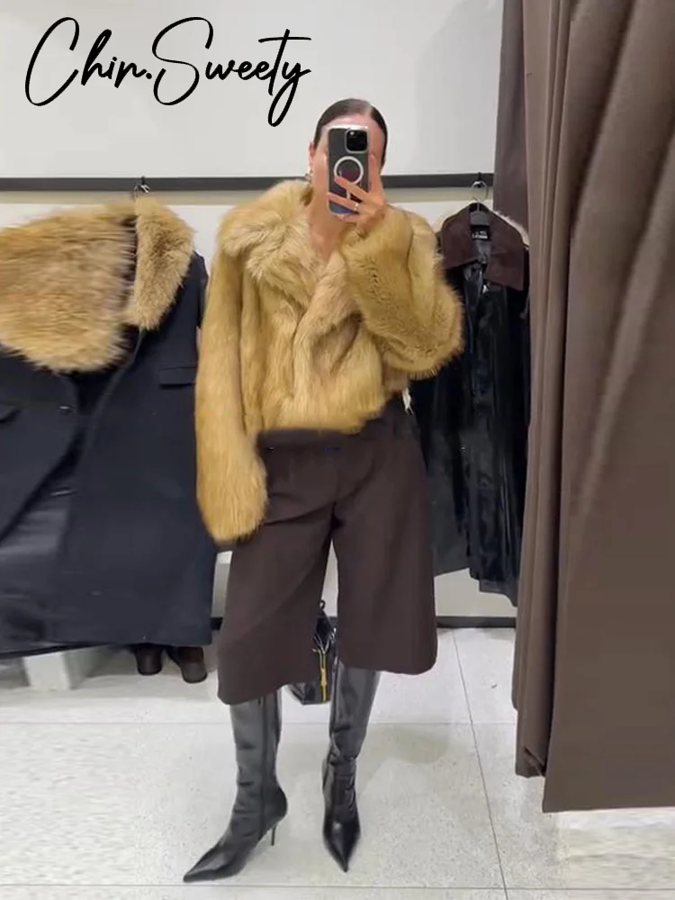 Straße Faux Pelz Kurze Frauen Mantel Elegante Lange Hülse Drehen-unten Kragen Taste Weibliche Outwear 2025, Herbst Winter Dame jacke Neue