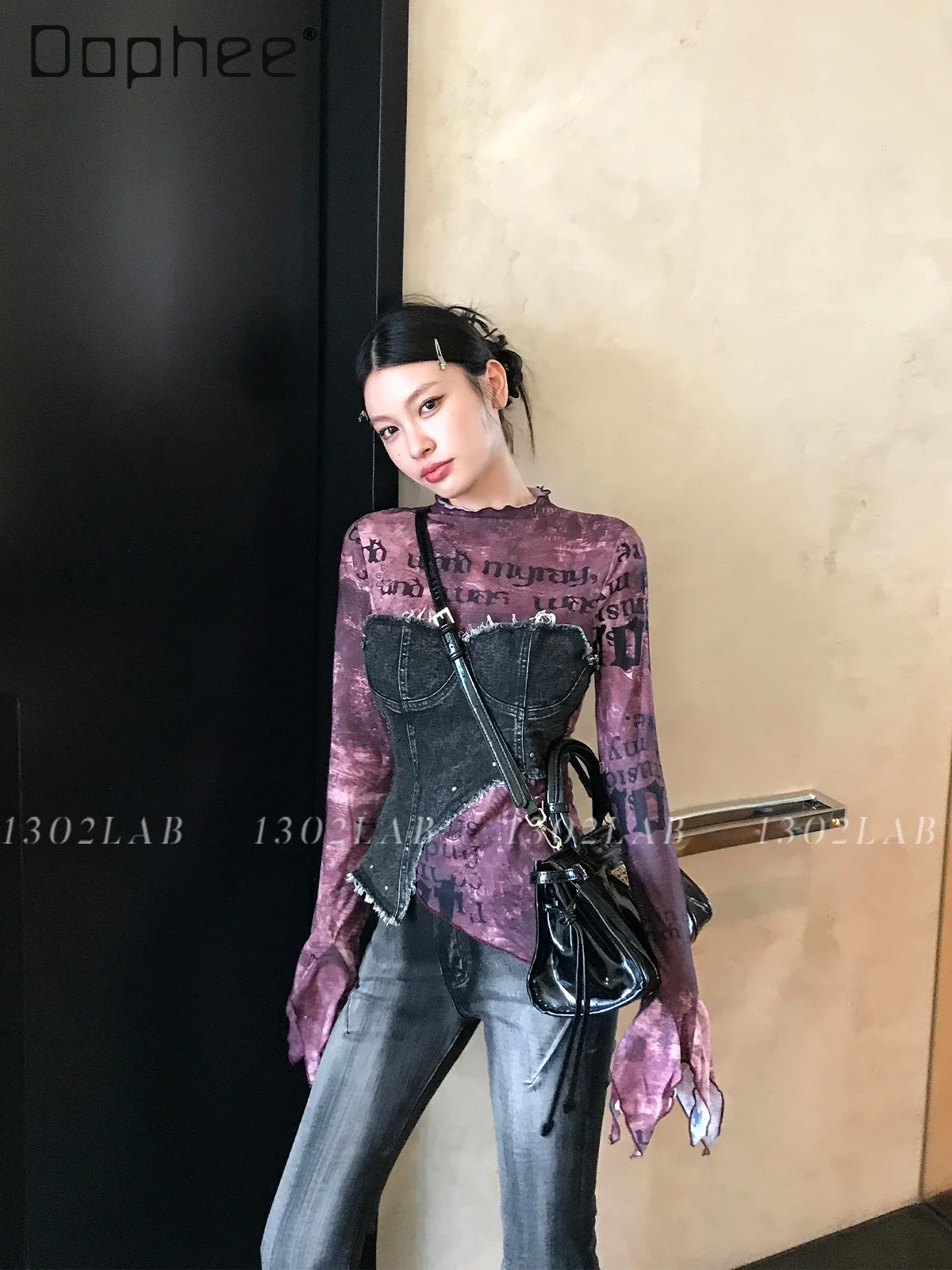 

Y2K Denim Splicing Mesh T Shirt Spicy Girl Flare Sleeve Slim Harajuku Women 2025 Spring New Irregular Hem Tops High Street