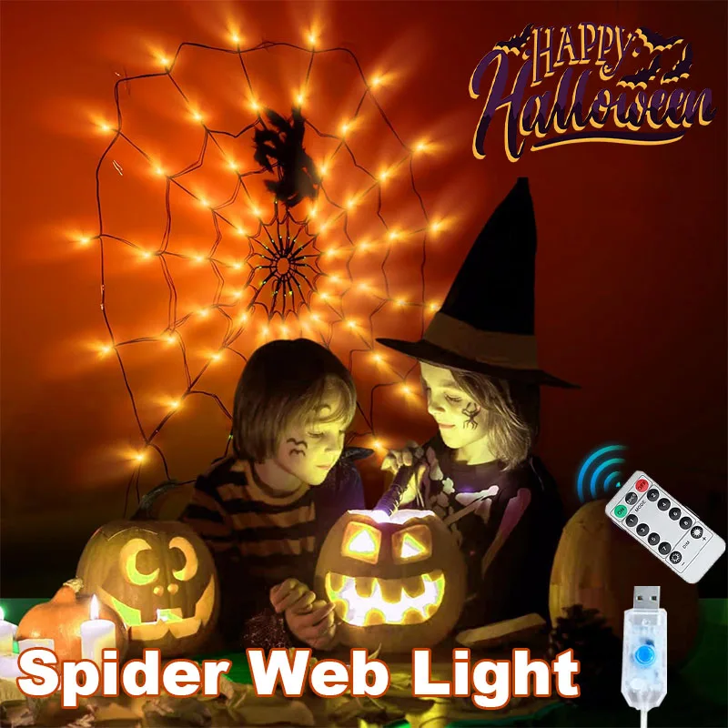 

Halloween Spider Web Lights Spider Net LED String Lights with 8 Lamp Mode for Haunted House Halloween Home Window Wall Decor
