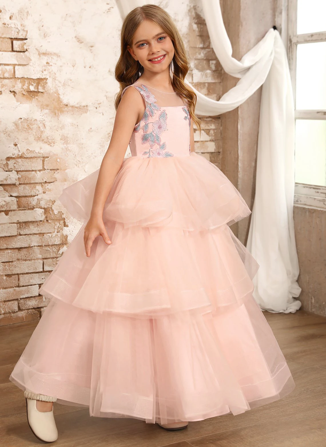 

YZYmanualroom Tulle Flower Girl Dress Birthday Dress Square Floor-Length Blue Ｍesh　Dress