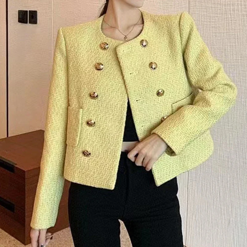 Veste en tweed jaune chic pour femme, double boutonnage, manteau en laine à col rond, dames, bureau, hiver, rue élégante, automne