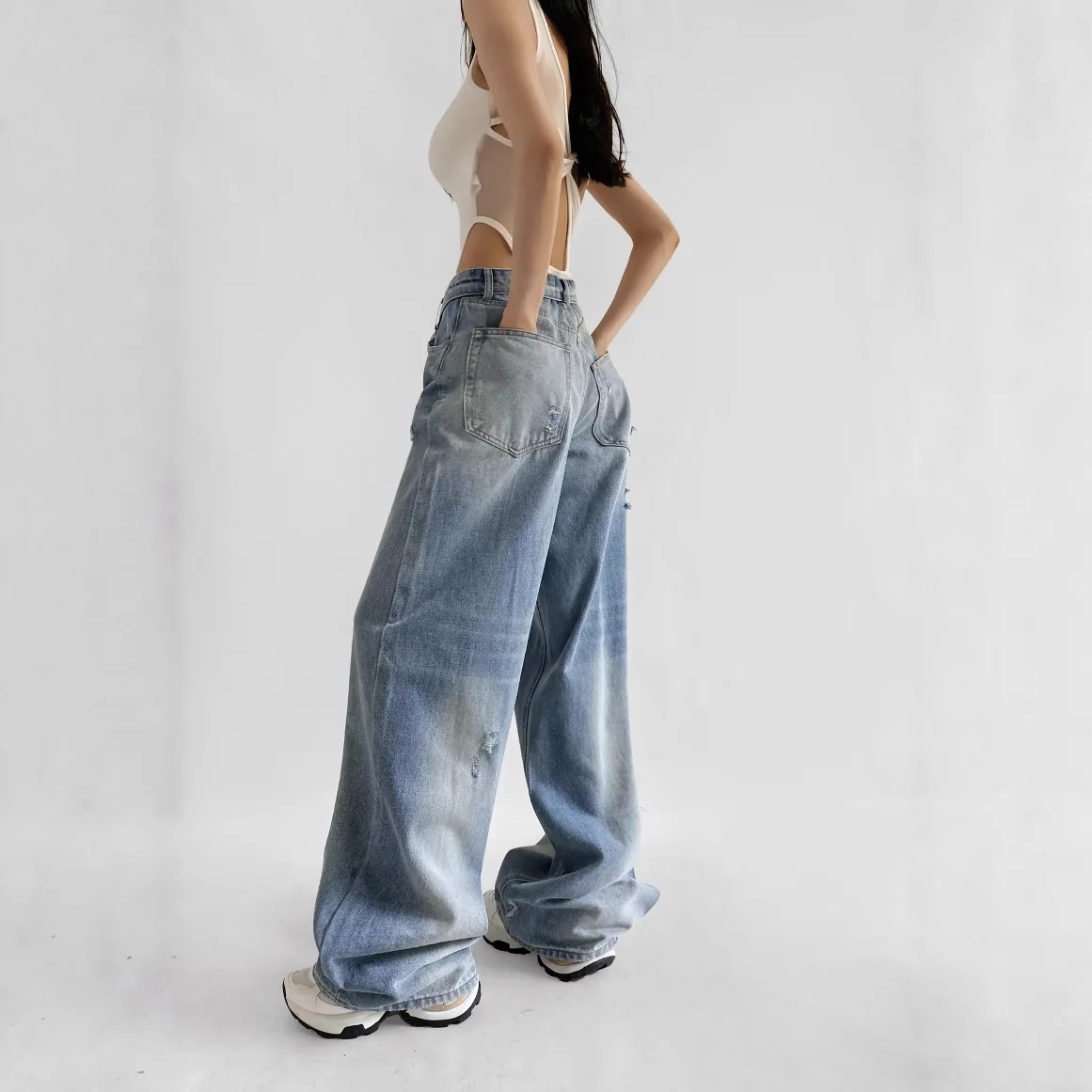 Turned Hem High Waist Distressed Asymmetrical Back Pockets Wide Leg Floor Length Denim Jeans
