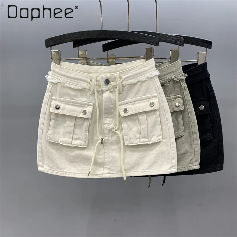 High Waist Drawstring Three Dimensional Pocket Denim Skirt Women's 2024 Summer New A Line Wrap Hip Mini Skirt Casual Street