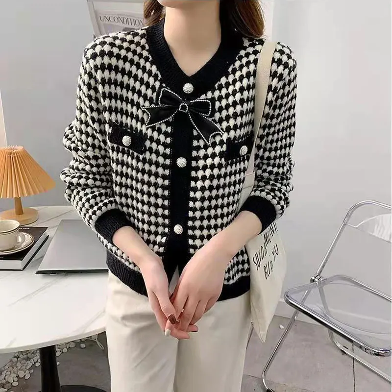 Bow Black Plaid Dot Knit O-Neck Bow Long Sleeve Women\'s Cardigan Single Breasted Sweater Cardigan For Women Clothing Fashion