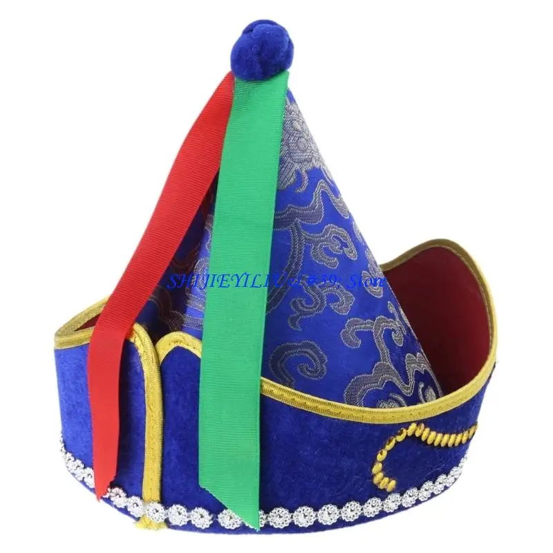 E21F Traditional Mongolian Hat Princess Headwear Embroidered Blue Caps for Men and Women Exotic Hat Elegant Rhinestones