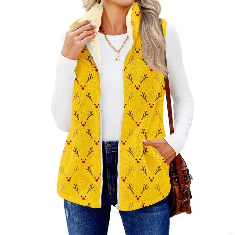 

77HE Women's Christmas Vest, Sleeveless Zippered Stand Collar Fleece Vest, Printed Autumn Coat with Pockets