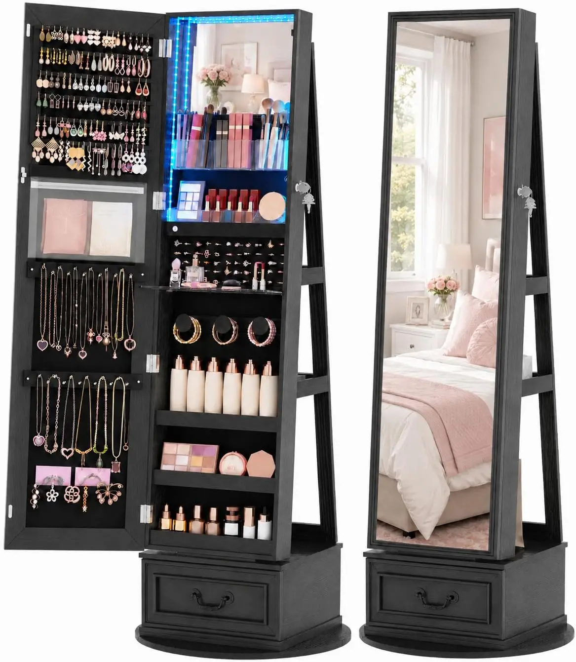 Standing Black Swivel Lockable Mirror Cabinet Jewelry Lights